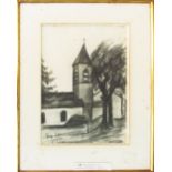ALINE BIENFAIT, 'The chapel of Curemont', charcola, signed lower left and dated 1965, 29cm x 21cm,