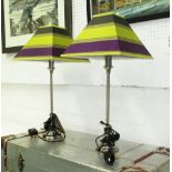 TABLE LAMPS, a pair, contemporary, polished metal finish, with shades, 63cm H.