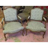 FAUTEUILS, a pair, vintage French Louis XV design walnut with cotton check upholstery.