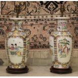 LAMP BASES, a pair, vase shaped Chinese ceramic decorated with figures and wooden bases, 47cm H.