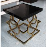 OCCASIONAL TABLE, square black laminated and gilt metal tracery base, 63cmx 63cm x 67cm.