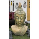 BUDDHA HEAD, of large proportions in gold painted resin, 110cm H.
