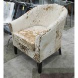 CLUB ARMCHAIR, in cowhide studded on square supports, 77cm W.