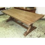 REFECTORY TABLE, with a rectangular top on 'X' framed trestle end supports joined by stretchers,