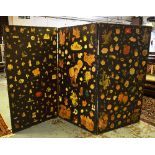 SCREEN, late Victorian decoupage of three panels with scrap decoration on both sides,
