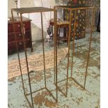 STANDS, a pair, gilt metal framed with a square slate coloured top, 35cm square x 120.5cm H.