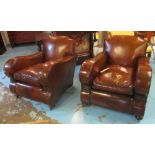 CLUB ARMCHAIRS, a pair, French with hand finished leaf brown leather.