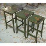 NEST OF TABLES, early 20th century English green and gilt Chinoiserie depicting figures,