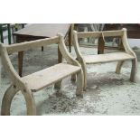 PINE BENCHES, a pair, Victorian Gothic revival with slab seat and back and curved end supports,