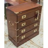BACHELOR'S CHEST, Campaign style mahogany and brass bound with foldover top and four long drawers,