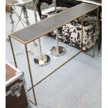 CONSOLE TABLE, with black top on a gilded metal frame, 119cm x 25cm x 81cm H.