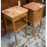 FRENCH BEDSIDE TABLES, a companion pair, each with rouge marble tops,