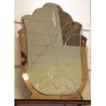 ART DECO WALL MIRROR, early 20th century arched bevelled and etched with marginal peach plates,