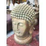 BUDDHA HEAD, in resin with a gilded finish, 78cm H.