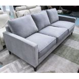 SOFA, three seater in grey fabric on square ebonised supports, 209cm L.