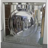 MIRROR, bevelled circular in a square mirrored frame, 110cm x 110cm.