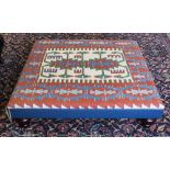 FOOTSTOOL, with geometric patterned kilim upholstery turned feet, 101cm x 101cm x 25cm H.