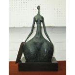 BRONZE LADY, in the style of Botero on marble base, 38cm H.