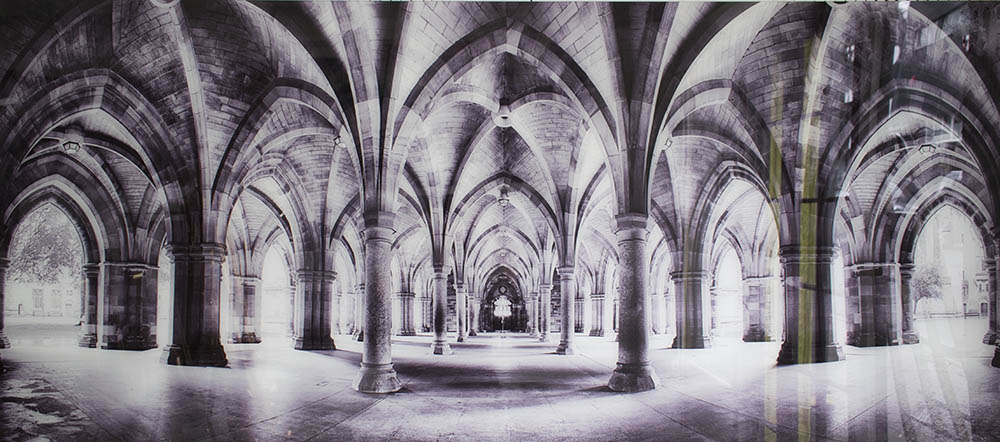 21ST CENTURY PHOTOPRINT, Gothic church arches, on acrylics, 180cm x 80cm.