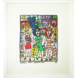 JAMES RIZZI 'Girls out shopping', lithograph, 1995, 30cm x 20cm, framed and glazed.