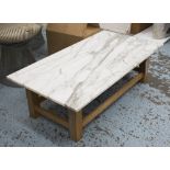 LOW TABLE, rectangular Arabiscata white grey marble and stretchered beech support,