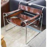 WASSILY ARMCHAIRS, a pair, stitched hand coloured leaf brown leather on tubular chrome frames,