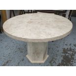 MARBLE CENTRE TABLE, Italian circular marble veneer with column supports.