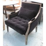 BERGERE, Continental style wooden framed with black upholstery, 83cm W x 94.5cm H.