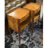 TABLES DE NUIT, a pair, with crossbanded rosewood veneers, raised on slender slight cabriole legs,