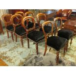 DINING CHAIRS, a matched set of six, Victorian with balloon backs and black upholstery,