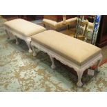 STOOLS, two similar Continental style cream, one with oatmeal upholstery,