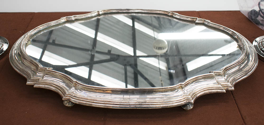 TRAY, oval with mirrored centre within a plated frame, 74cm x 49cm.