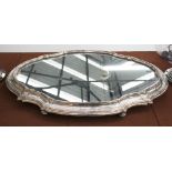 TRAY, oval with mirrored centre within a plated frame, 74cm x 49cm.