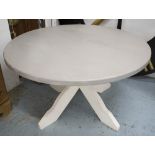 DINING TABLE, vintage circular grey painted pine and white painted support, 135cm diam. x 75cm H.