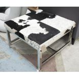 LOW TABLE, in quartered cowhide on chromed metal supports, 80cm x 80cm x 46cm H.