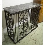 CONSOLE TABLE, vintage rectangular with granite top on scrolling wrought iron support,