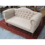 HALL SEAT, in neutral fabric button back on turned castor support, 136cm L.