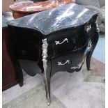 COMMODE, Louis XV style in black with two drawers and marble top with chromed edgings,