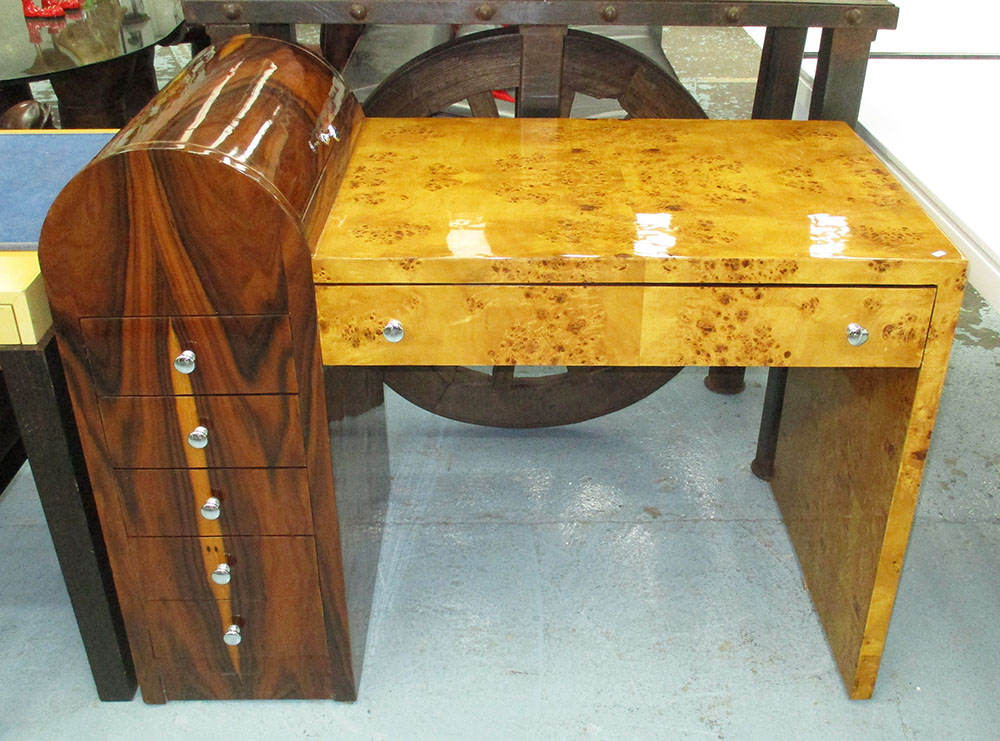 DESK, Art Deco style with six drawers plus lift up cupboard to top on end support,