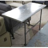 KITCHEN TABLE, industrial style with galvanised metal top on black tubular supports,