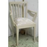 DINING CHAIRS, a set of eight, painted including two armchairs with taupe patterned drop in seats.