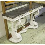 CONSOLE TABLE, Regency style with black veined marble top on a white base with dolphin supports,