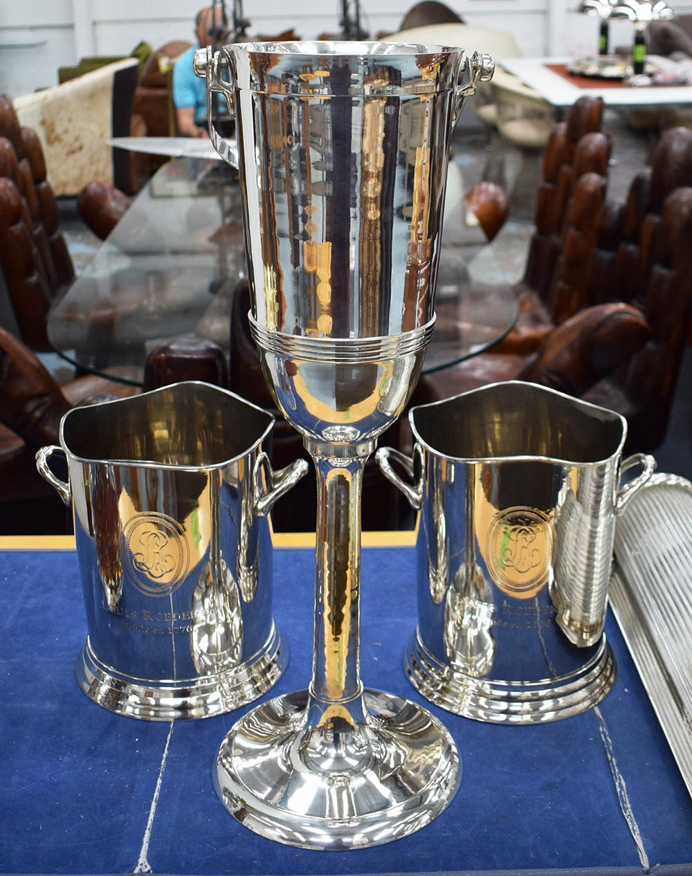 WINE COOLER, floor standing plated 58cm H plus a pair of Louis XV style wine coolers 23cm W.