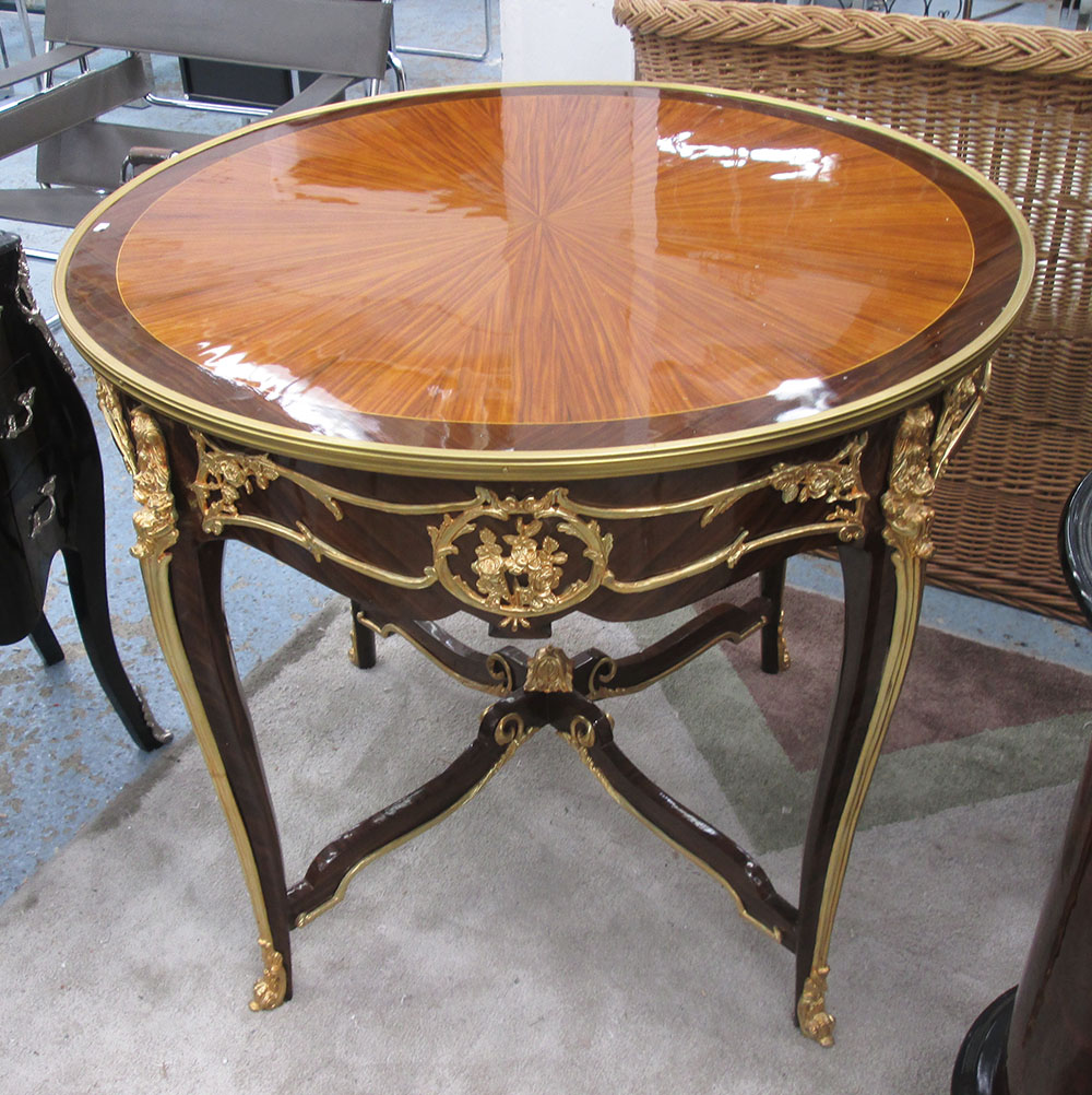 CENTRE TABLE, circular, Louis XV style with gilded mounts, 89cm diam. x 78cm H.