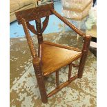 TURNERS CHAIR, 20th century oak and ash with a triangular panelled seat joined by stretchers, 64.