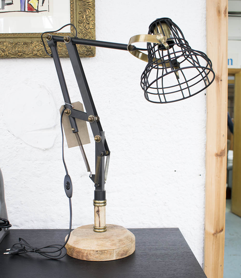TABLE LAMPS, a pair, Anglepoise style in metal on a wooden base, 66cm H.