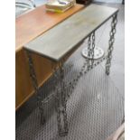 CONSOLE TABLE, with bronzed top on chain link supports, 100cm x 30cm x 82cm H.