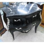 COMMODE, Louis XV style in black with two drawers and marble top with chromed edgings,