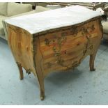 COMMODE, Louis XV style with marble top, three drawers below with bronzed mounts,