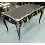 DESK, Louis XV style in black, three drawers below with chromed mounts, 141cm x 76cm x 81cm H.